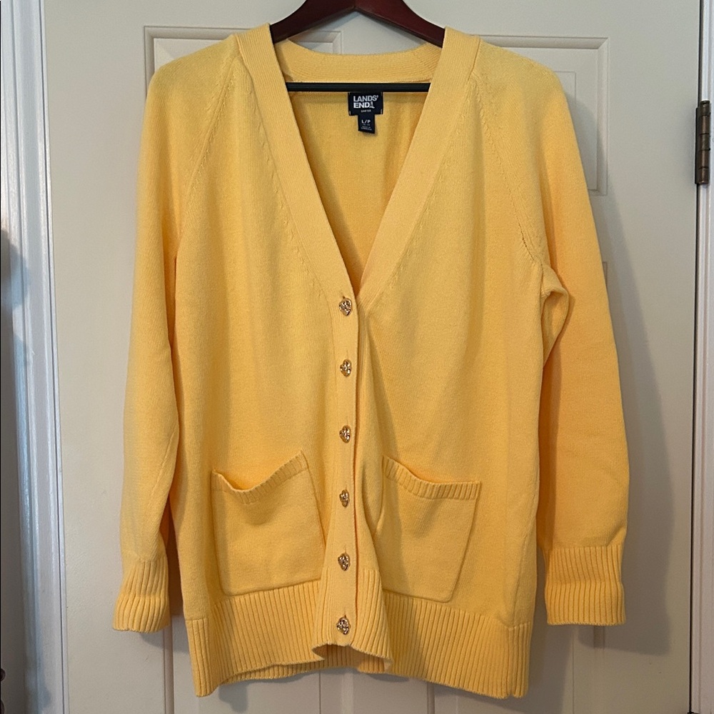 Lands' End Women's Petite Drifter Varsity Relaxed Sunny Yellow Cardigan